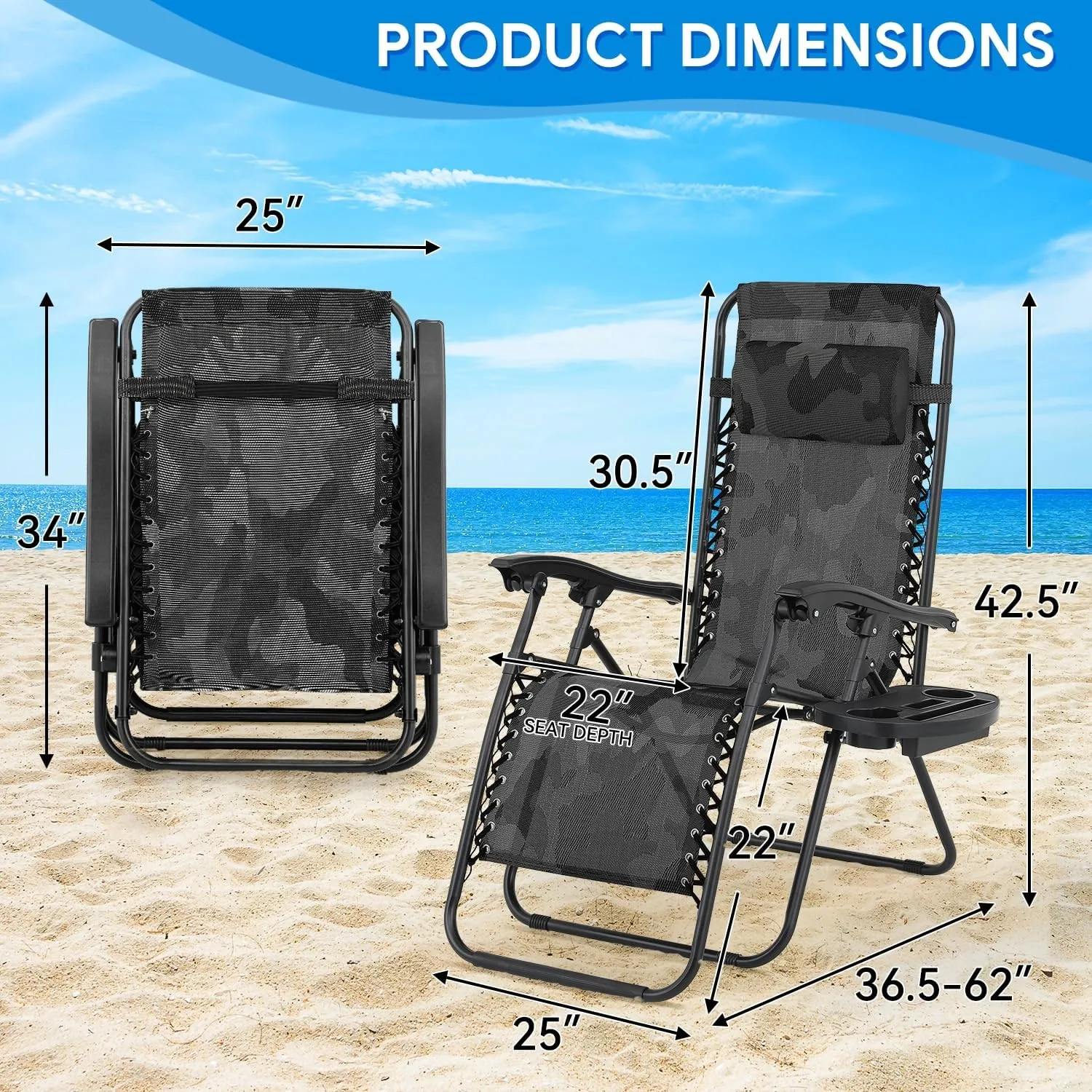2 pcs Zero Gravity Lounge Chair, Foldable Patio Recliners for Outdoor, Beach, Camping, CAAP-BCC-C2P-CF