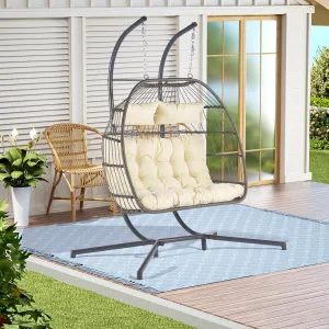 2 Person Outdoor Rattan Hanging Chair Patio Wicker Egg Chair with Durable Iron Frame, UV/Rust Resistant, Hand-Woven Wicker, Breathable Beige Cushion, Modular Design