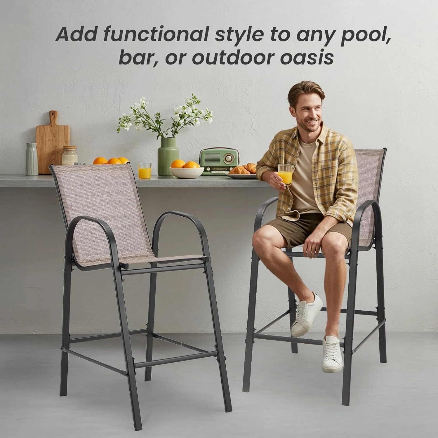2-Piece Outdoor Bar Stool Set - High-Back Textilene Chairs & Weatherproof Steel Frame, 330lb Capacity Patio Furniture for Backyard/Balcony/Porch, Quick Assembly & Rust-Resistant