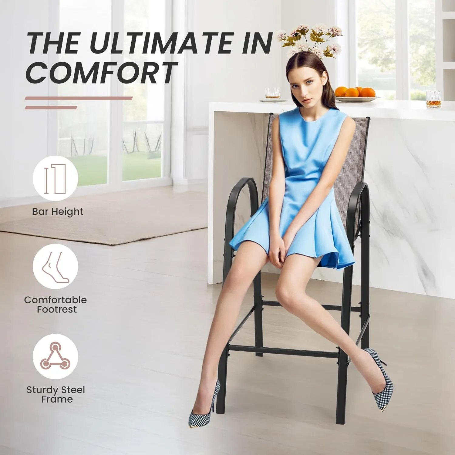 2-Piece Outdoor Bar Stool Set - High-Back Textilene Chairs & Weatherproof Steel Frame, 330lb Capacity Patio Furniture for Backyard/Balcony/Porch, Quick Assembly & Rust-Resistant