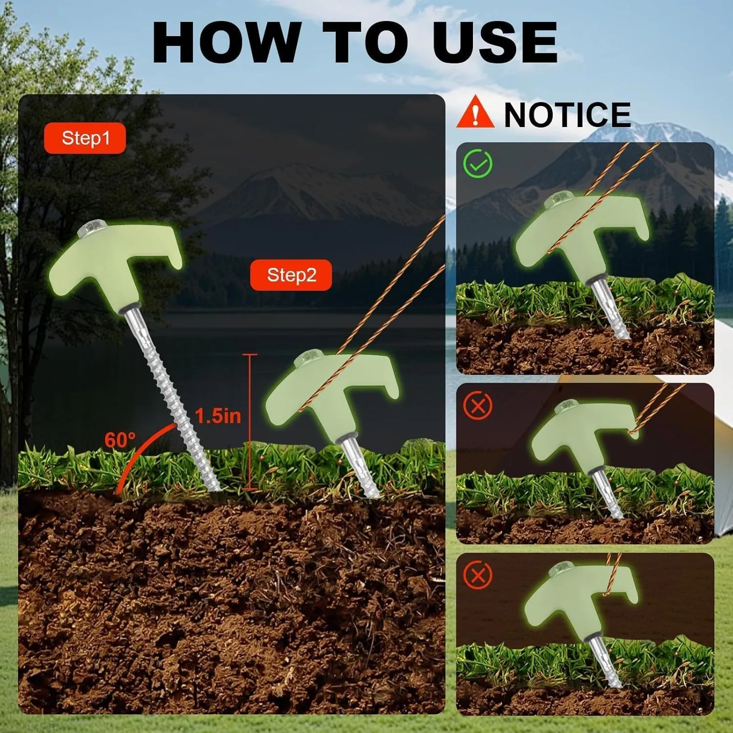 20 Pcs Tent Stakes Heavy Duty, 8 in Ground Anchors Screw in, Grow in the Dark Screw in Tent Stakes, Camping Stakes with Storage Box, Threaded Tent Spikes with Hex Head Driver and Stake Puller