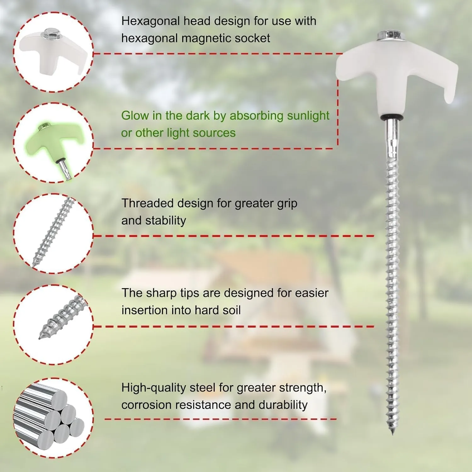 20 Pcs Tent Stakes Heavy Duty, 8 in Ground Anchors Screw in, Grow in the Dark Screw in Tent Stakes, Camping Stakes with Storage Box, Threaded Tent Spikes with Hex Head Driver and Stake Puller