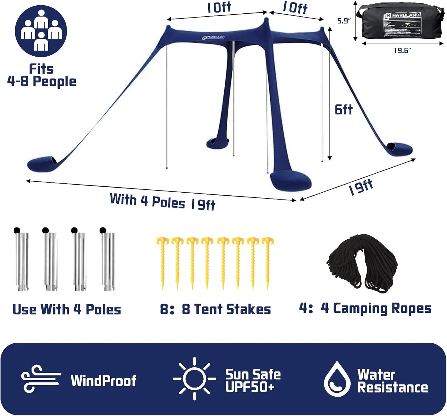 2022 Upgraded Beach Tent Pop Up Shade, HARBLAND 10X10 FT UPF50  Beach Canopy with 8 Tent Stakes, 4 Support Ropes, Carry Bag for Outdoor, Adult and Baby(4 Thickened Tip Poles, 4-8 People)