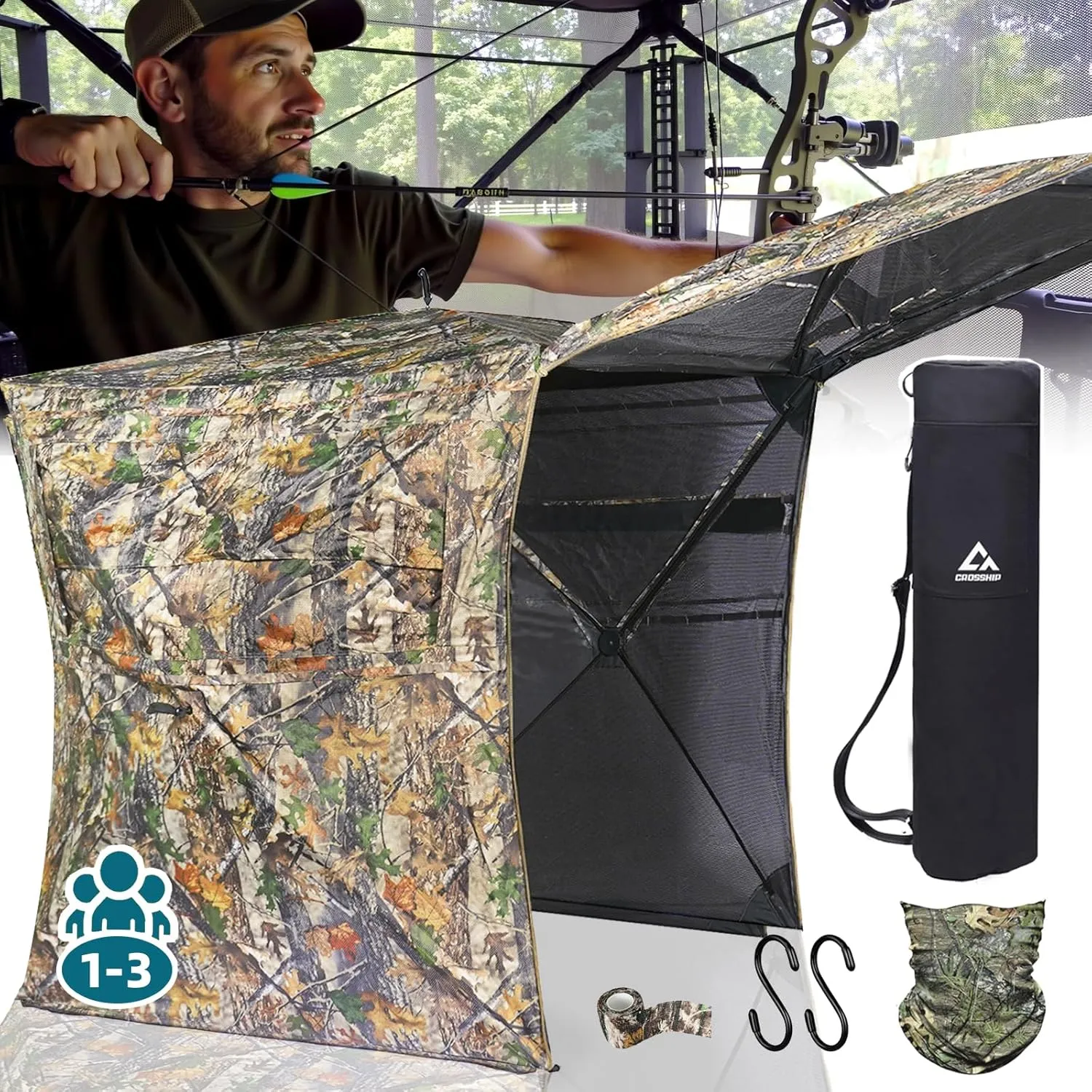 270/360° See Through Hunting Blind with Hunting Accessories Pack (Portable Bag,Camo Wrap Tapes,Face Mask&Gun Bow Hanger) - 1-3 Person Waterproof Hunting Blind Ground - Mute Pop Up Design