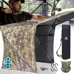 270/360° See Through Hunting Blind with Hunting Accessories Pack (Portable Bag,Camo Wrap Tapes,Face Mask&Gun Bow Hanger) - 1-3 Person Waterproof Hunting Blind Ground - Mute Pop Up Design