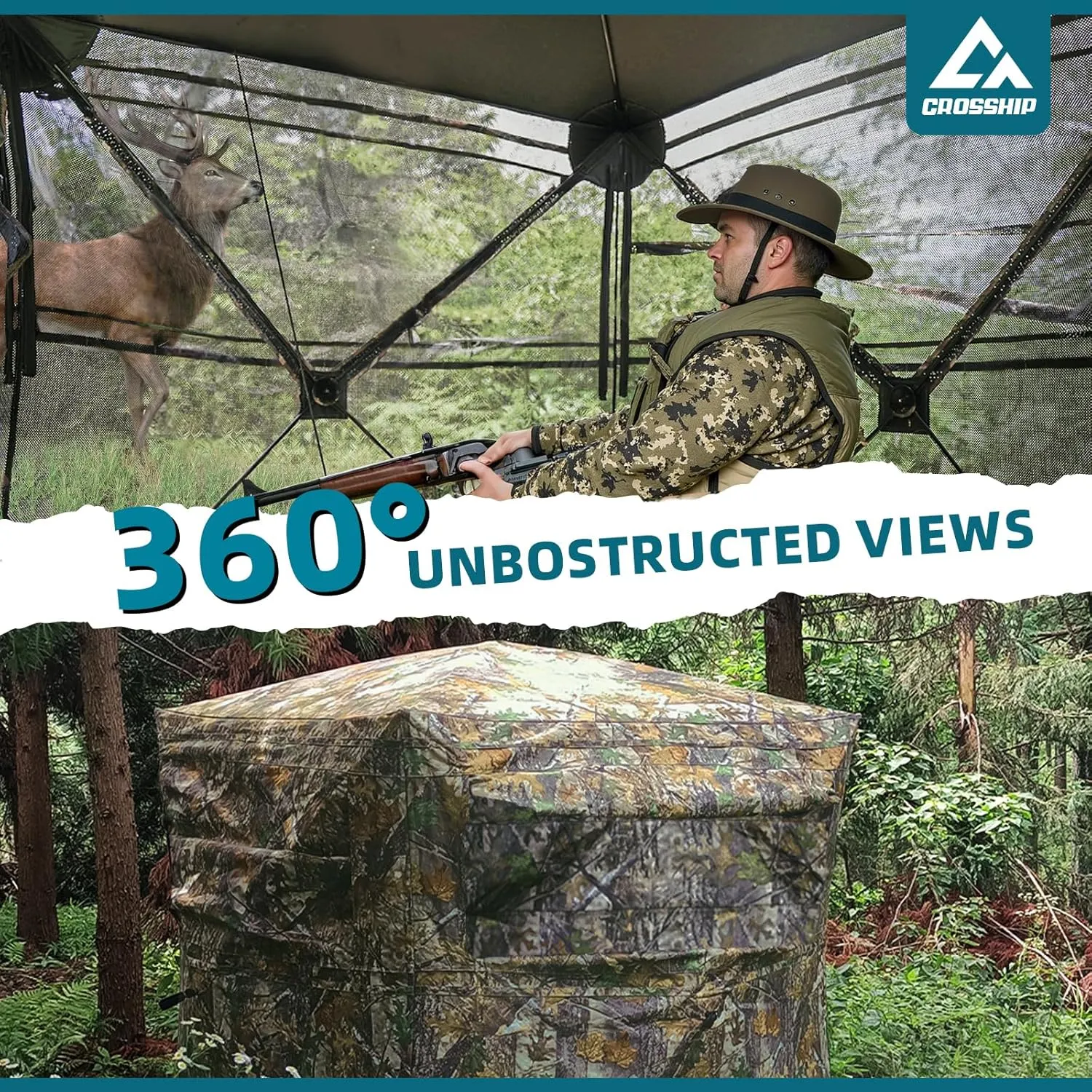 270/360° See Through Hunting Blind with Hunting Accessories Pack (Portable Bag,Camo Wrap Tapes,Face Mask&Gun Bow Hanger) - 1-3 Person Waterproof Hunting Blind Ground - Mute Pop Up Design
