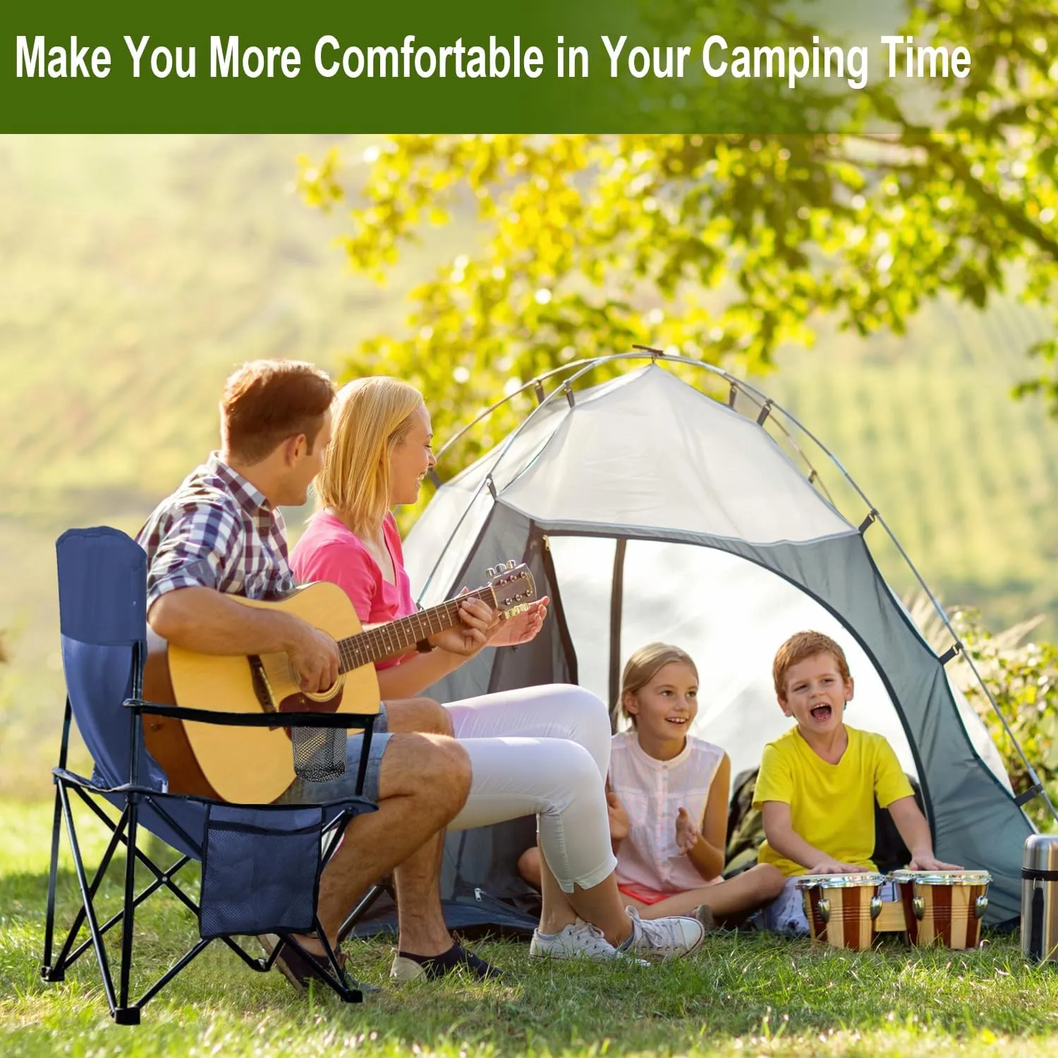 2PCS Folding Camping Collapsible Chairs Heavy Duty Lawn Chair with Cooler Bag, Storage Pocket, Waterproof Bag Outdoor Arm Chair, Supports 225LBS, Cyan