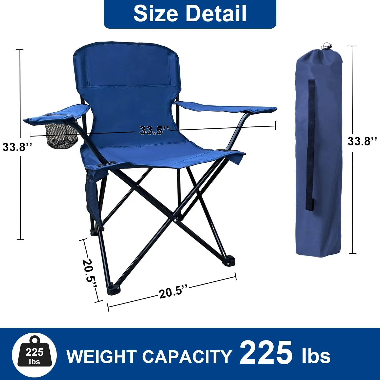 2PCS Folding Camping Collapsible Chairs Heavy Duty Lawn Chair with Cooler Bag, Storage Pocket, Waterproof Bag Outdoor Arm Chair, Supports 225LBS, Cyan