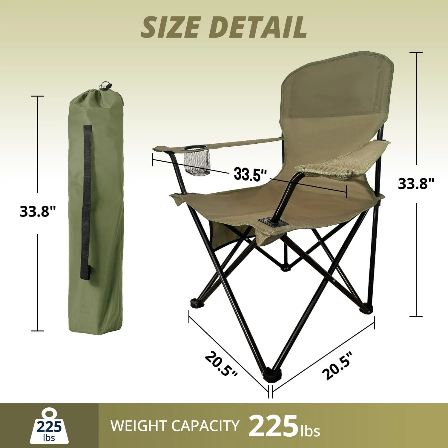 2PCS Folding Outdoor Beach Camp Chair with Cup Holder, Storage Pocket, Waterproof Bag Outdoor Arm Chair, Supports 225LBS, Green