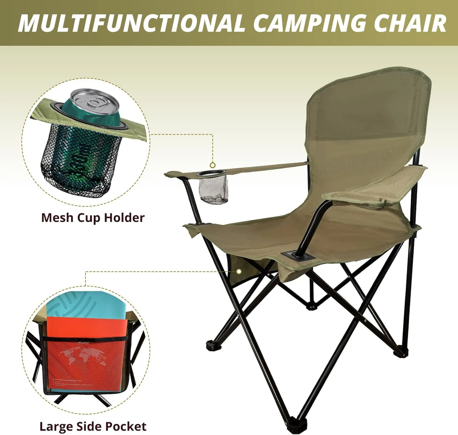 2PCS Folding Outdoor Beach Camp Chair with Cup Holder, Storage Pocket, Waterproof Bag Outdoor Arm Chair, Supports 225LBS, Green