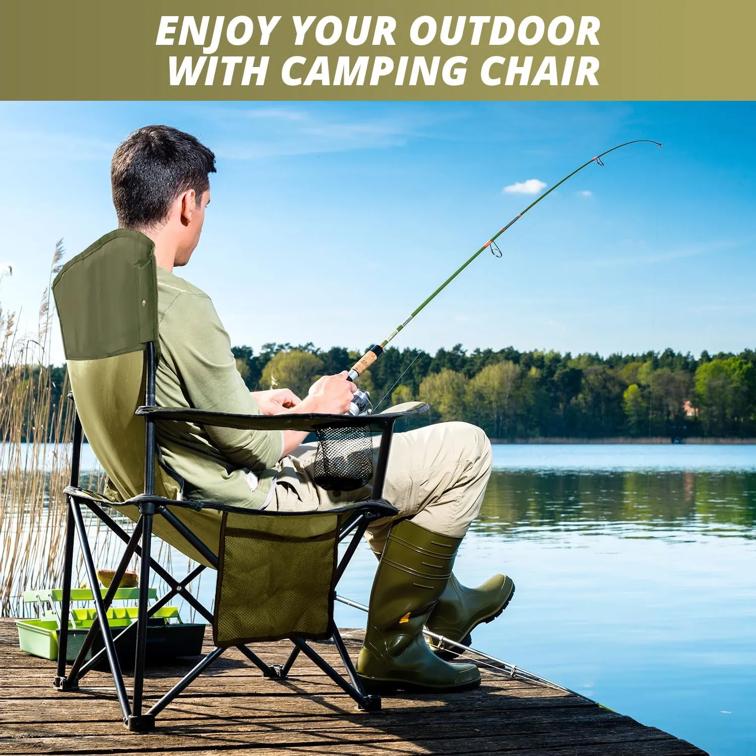 2PCS Folding Outdoor Beach Camp Chair with Cup Holder, Storage Pocket, Waterproof Bag Outdoor Arm Chair, Supports 225LBS, Green
