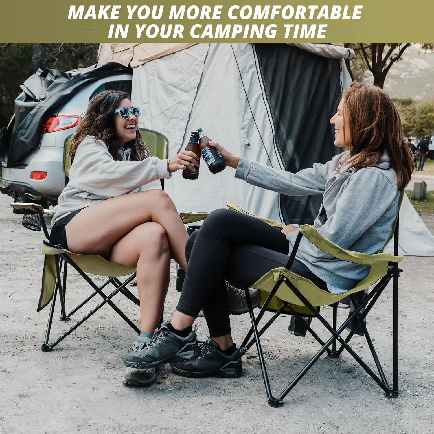 2PCS Folding Outdoor Beach Camp Chair with Cup Holder, Storage Pocket, Waterproof Bag Outdoor Arm Chair, Supports 225LBS, Green