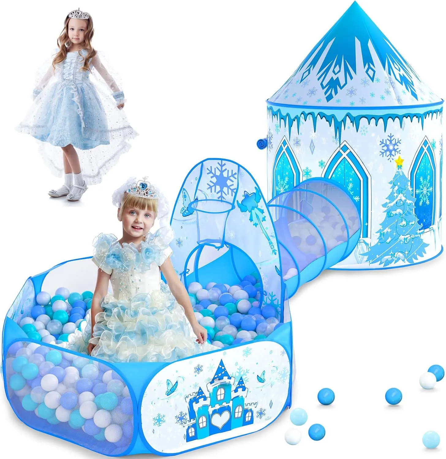 3 in 1 Girls Frozen Play Tent for Kids: Pop Up Baby Playhouse with Toddlers Crawl Tunnel, Ball Pit and Princess Castle Tent - Children Play Tent Frozen Toys Indoor and Outdoor Game for Birthday Gift