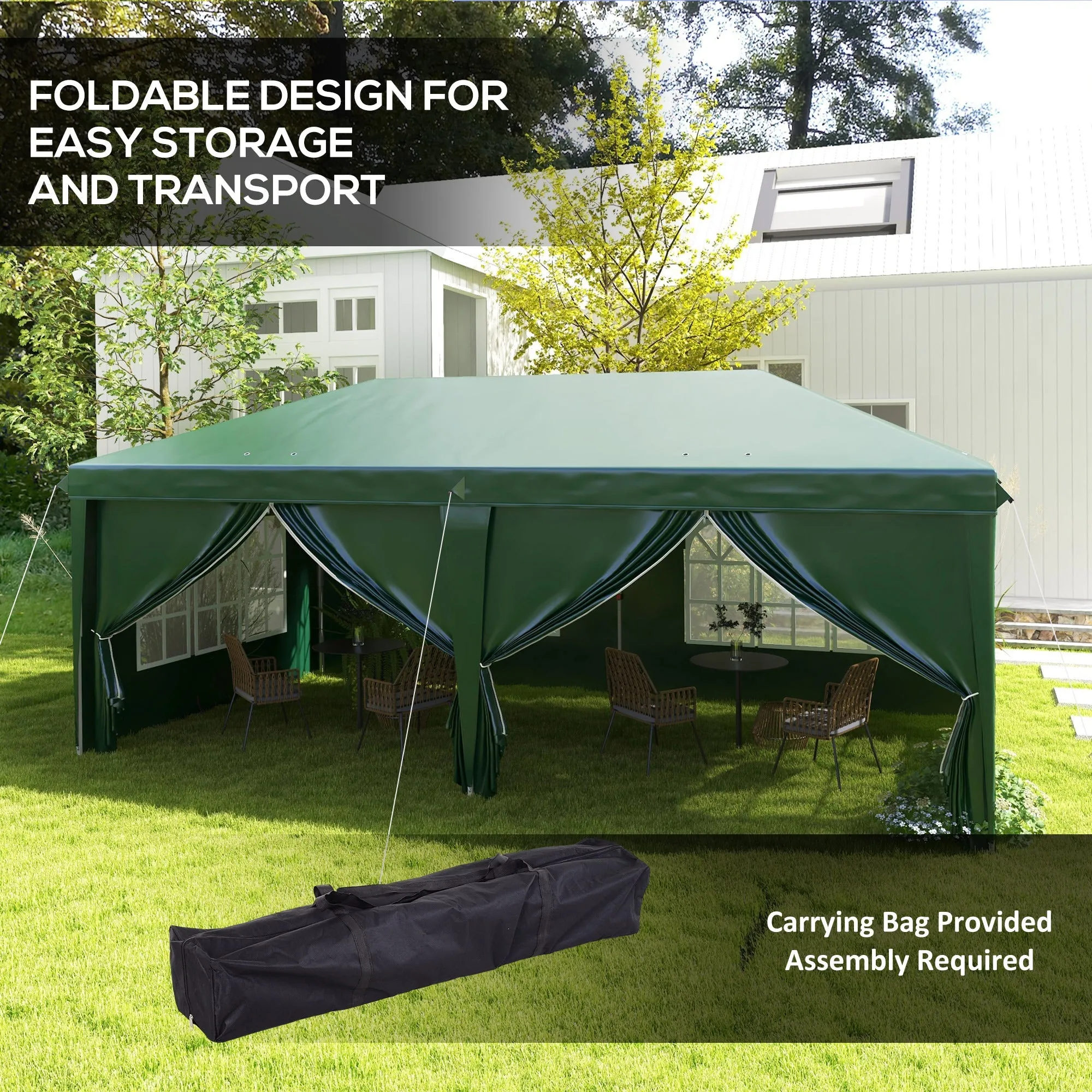 3 x 6 m Pop Up Gazebo with Sides and Windows, Height Adjustable Wedding Camping Party Tent Canopy Marquee with Storage Bag for Garden, Event, Green