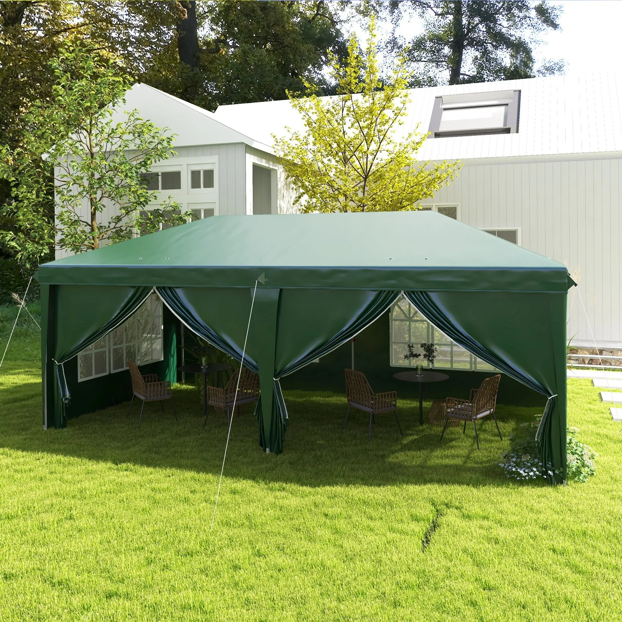 3 x 6 m Pop Up Gazebo with Sides and Windows, Height Adjustable Wedding Camping Party Tent Canopy Marquee with Storage Bag for Garden, Event, Green