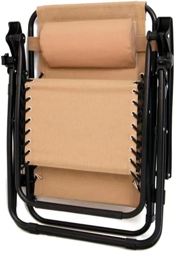 3PCS Zero Gravity Foldable Chair Portable Side Table Set Adjustable Recliner Pillow Chaise Lounge Outdoor Camping Patio Beach Garden Cup Holder Beige
