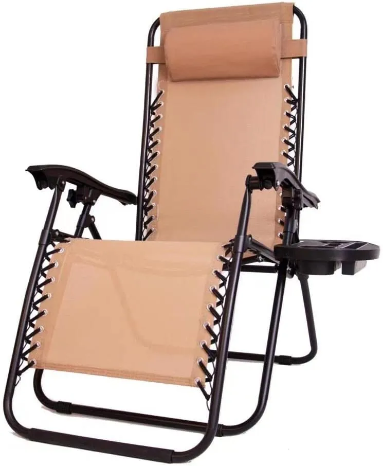 3PCS Zero Gravity Foldable Chair Portable Side Table Set Adjustable Recliner Pillow Chaise Lounge Outdoor Camping Patio Beach Garden Cup Holder Beige