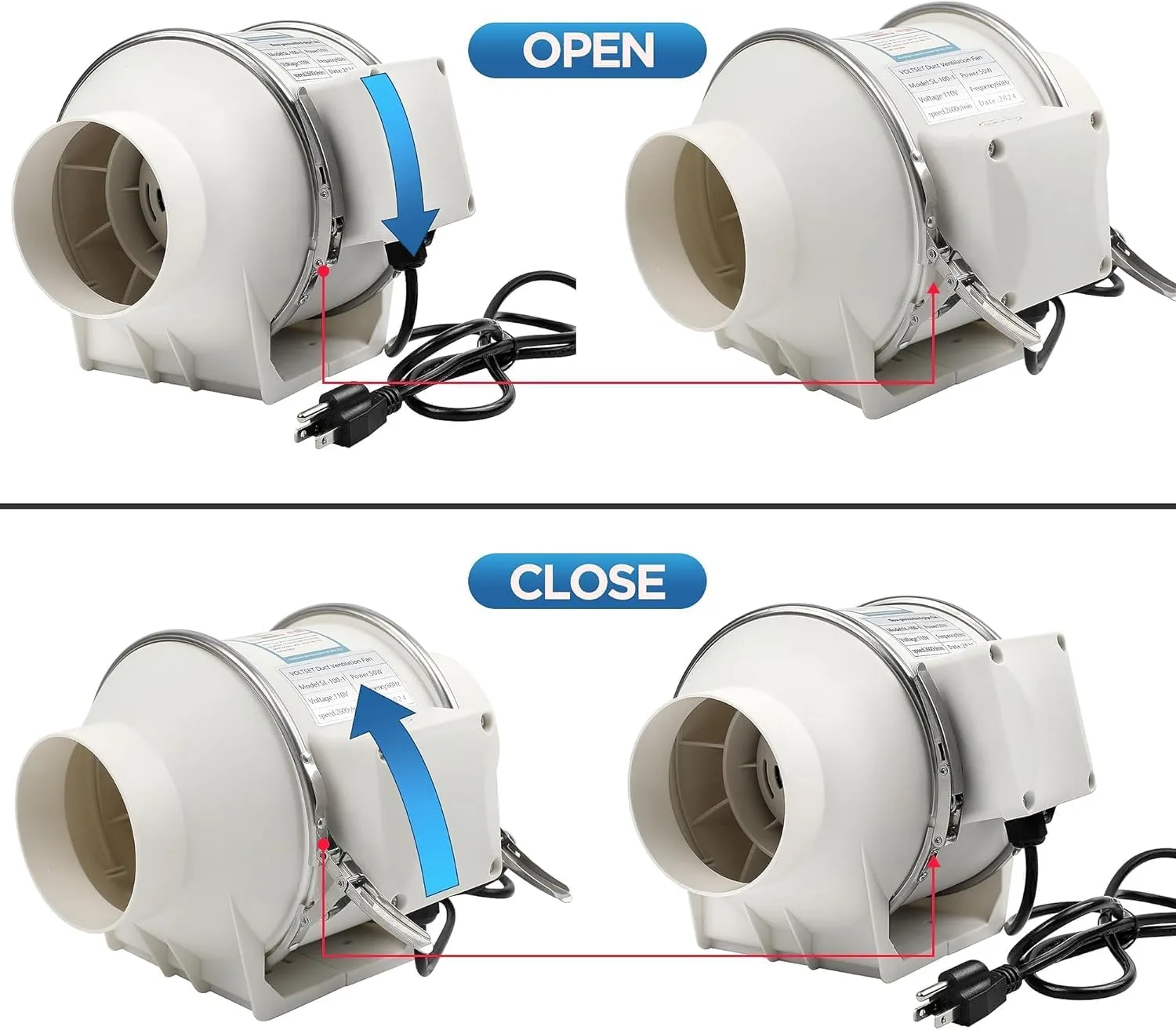 4 Inch Duct Fan, Inline Ventilation Exhaust Fan, 280 CFM Duct Intake High Efficiency Air Fan for Vent Bathroom, Kitchen, Grow Tent, Hydroponics, 3D Printer