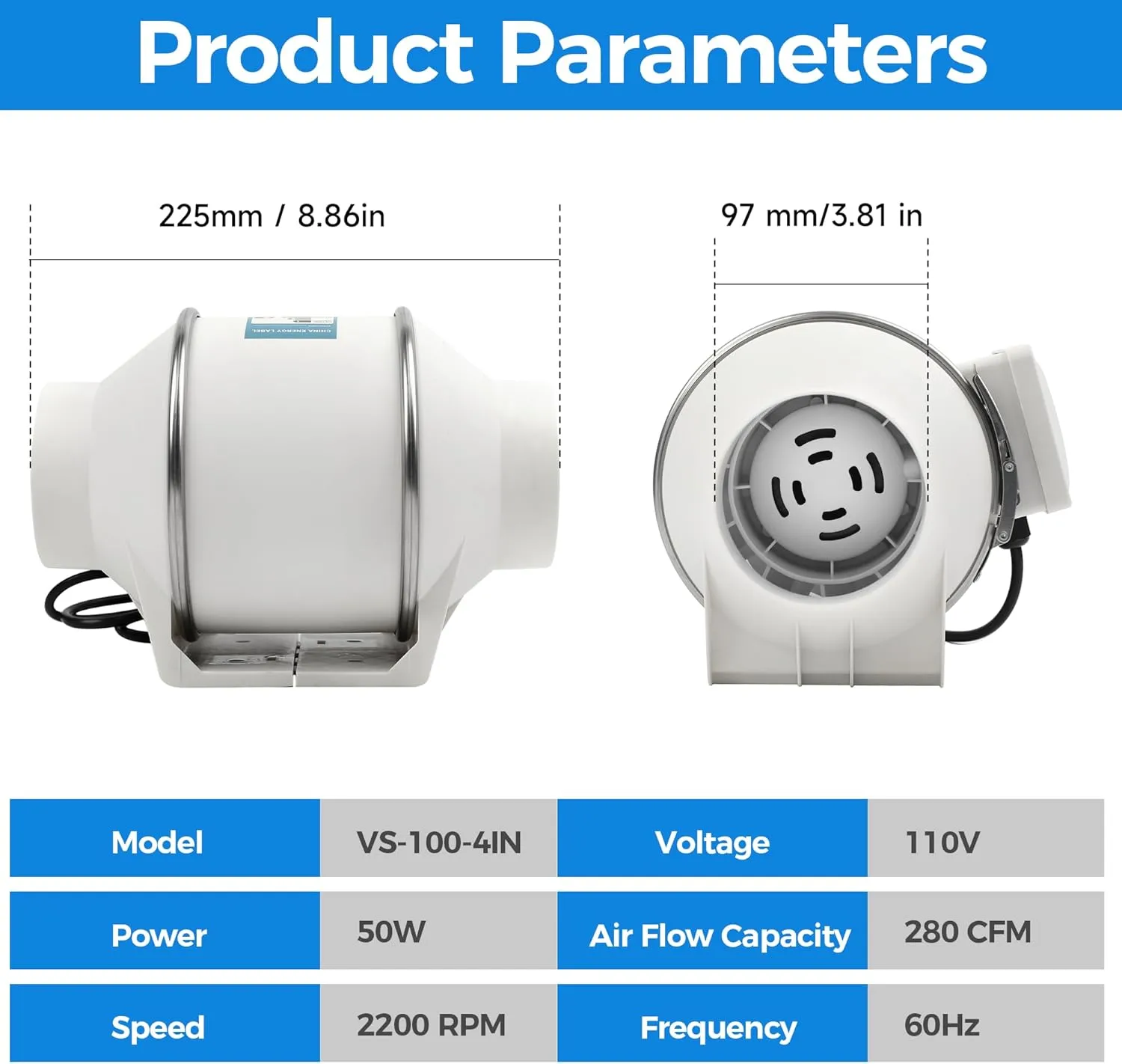 4 Inch Duct Fan, Inline Ventilation Exhaust Fan, 280 CFM Duct Intake High Efficiency Air Fan for Vent Bathroom, Kitchen, Grow Tent, Hydroponics, 3D Printer