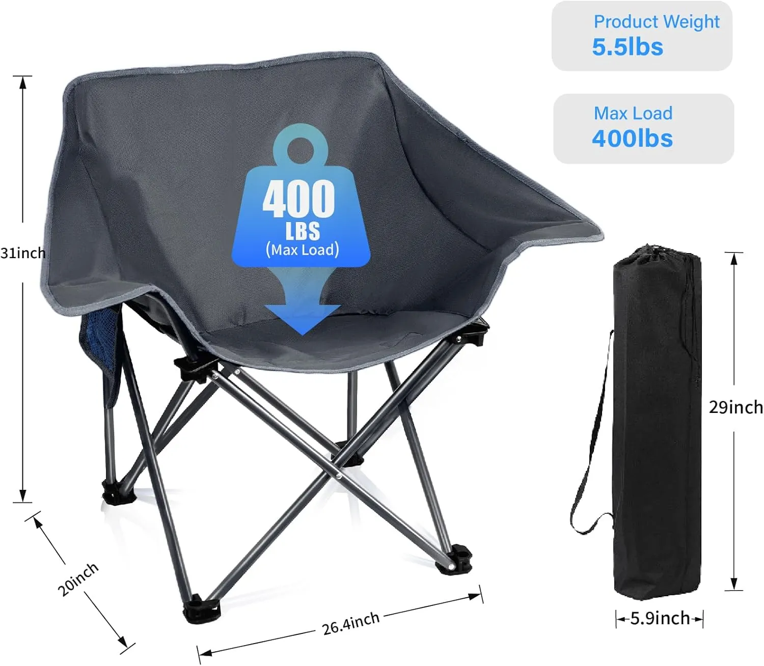 4 Pack Portable Camping Chair Compact Collapsible Outdoor Folding Sports Chairs for Adults Heavy Duty Camp Sporting Events Park Lawn 400 Lbs Black Gray