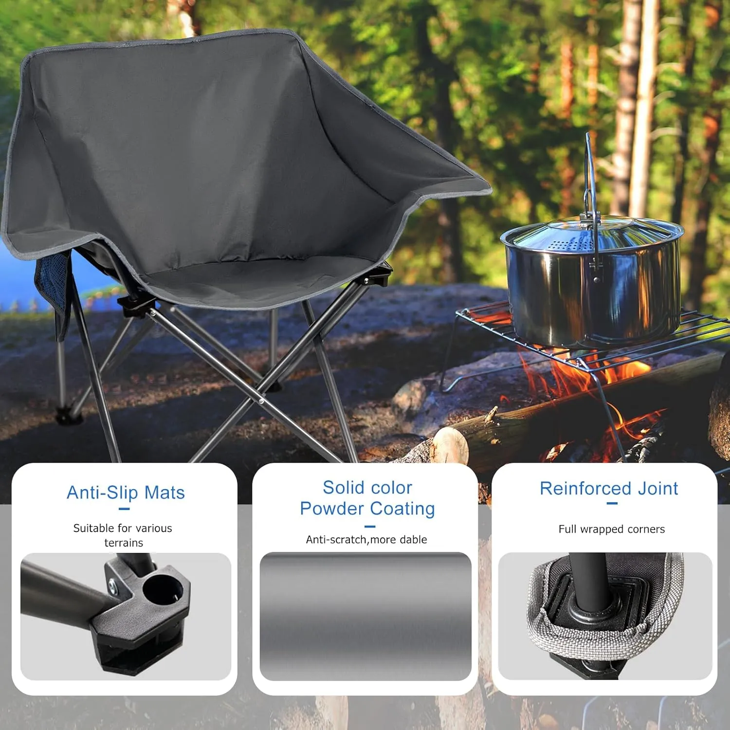 4 Pack Portable Camping Chair Compact Collapsible Outdoor Folding Sports Chairs for Adults Heavy Duty Camp Sporting Events Park Lawn 400 Lbs Black Gray
