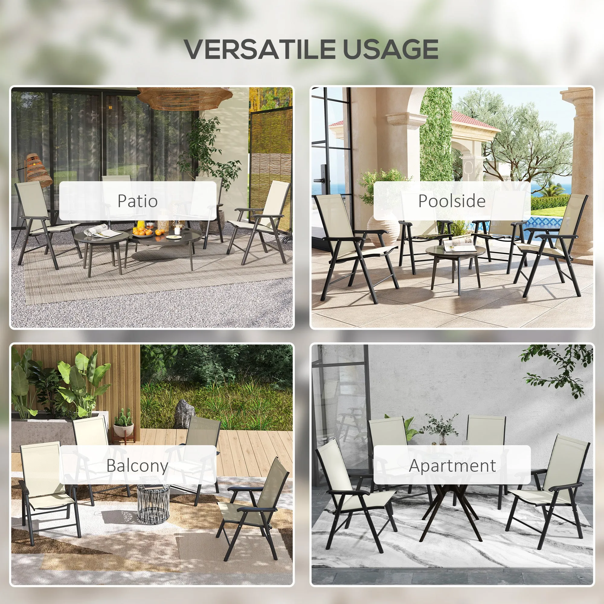 4-Piece Folding Dining Chair Set for Relaxing on Patio, Balcony, or Garden, Comfortable Outdoor Furniture with Armrests, Beige