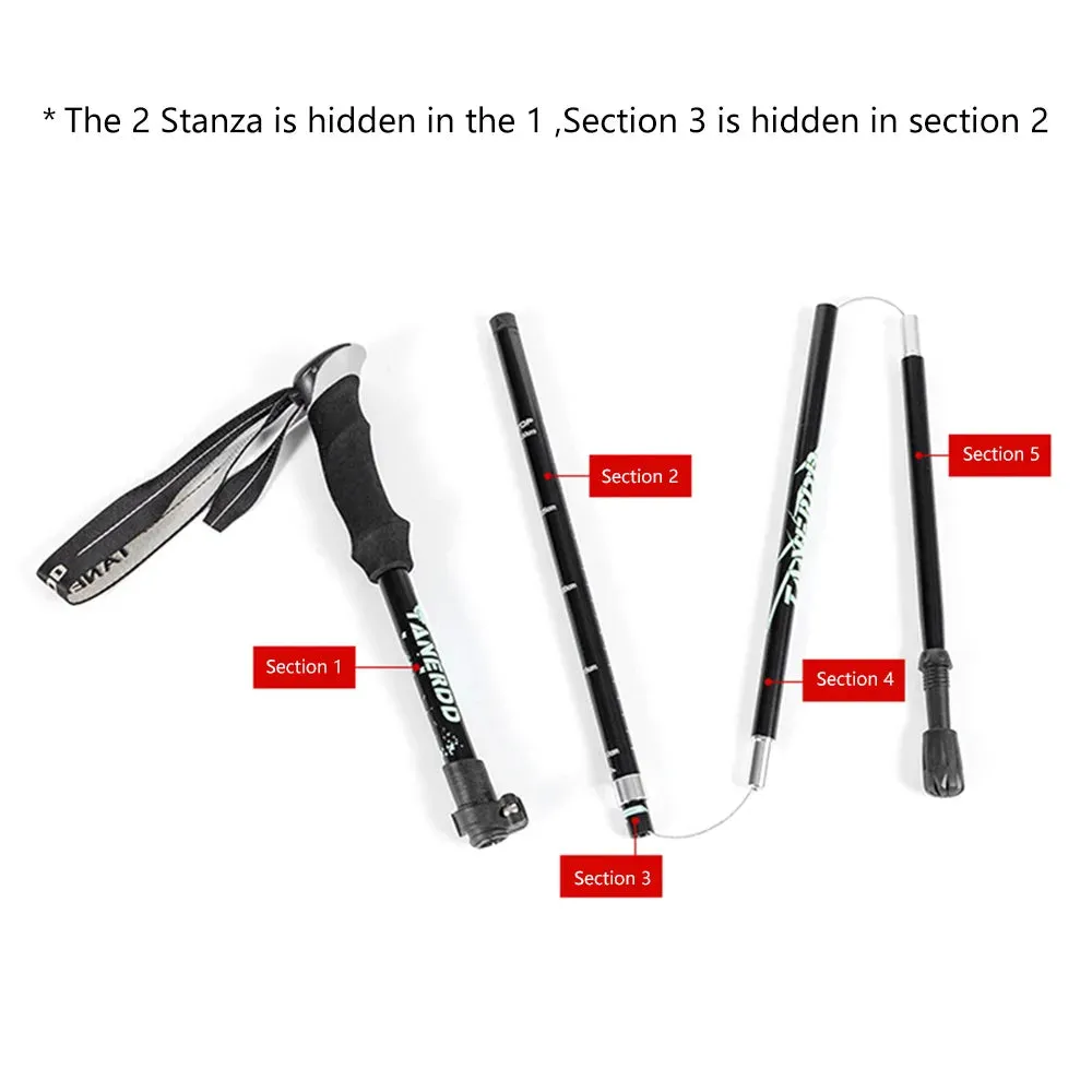 5-Section Folding Trekking Pole Aluminum Alloy Walking Stick Outdoor Hiking Climbing Pole Elderly Canes with Storage Bag