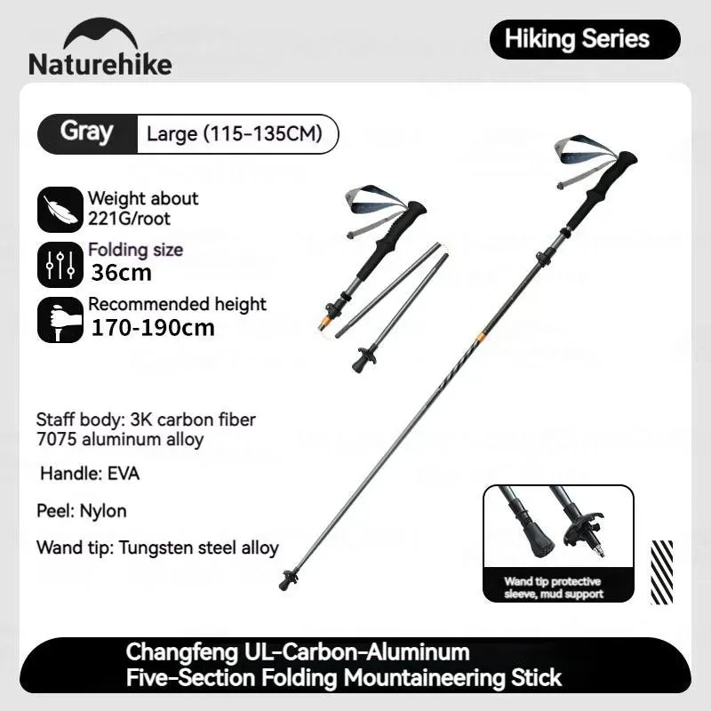 5-Section Folding Trekking Pole: Carbon Fiber and Aluminum Alloy Ultralight Walking Stick for Hiking and Climbing