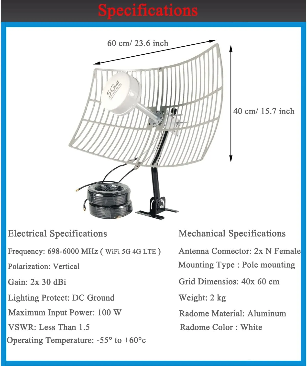 5G MIMO Antenna 4G LTE Outdoor 2x2 MIMO Parabolic Antennas Directional WiFi Antenna Long Range for 5G 4G LTE WiFi Hotspot Modem Router 698-6000MHz 30dBi with SMA TS9 Cable Pole(Full kit)