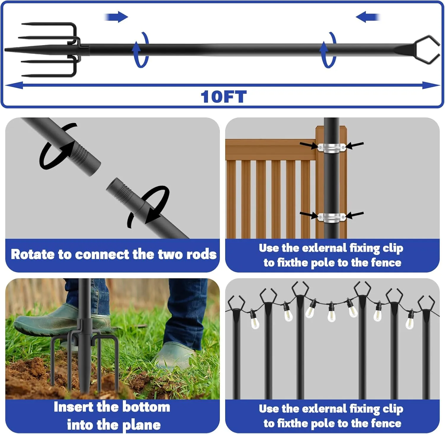 6 Pack 10 ft Heavy Duty Metal String Light Poles Adjustable Outdoor Lighting Stand for Patio,Backyard,Garden,Party & Wedding Rustproof & Sturdy with Hooks