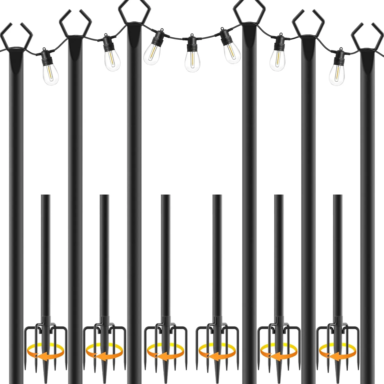 6 Pack 10 ft Heavy Duty Metal String Light Poles Adjustable Outdoor Lighting Stand for Patio,Backyard,Garden,Party & Wedding Rustproof & Sturdy with Hooks