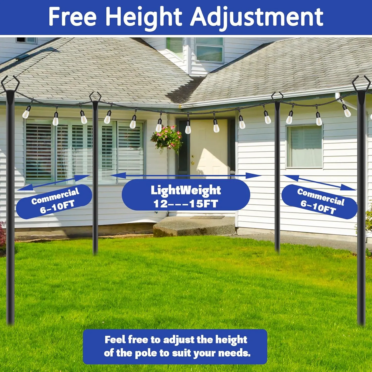 6 Pack 10 ft Heavy Duty Metal String Light Poles Adjustable Outdoor Lighting Stand for Patio,Backyard,Garden,Party & Wedding Rustproof & Sturdy with Hooks