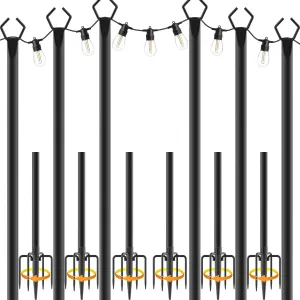 6 Pack 10 ft Heavy Duty Metal String Light Poles Adjustable Outdoor Lighting Stand for Patio,Backyard,Garden,Party & Wedding Rustproof & Sturdy with Hooks