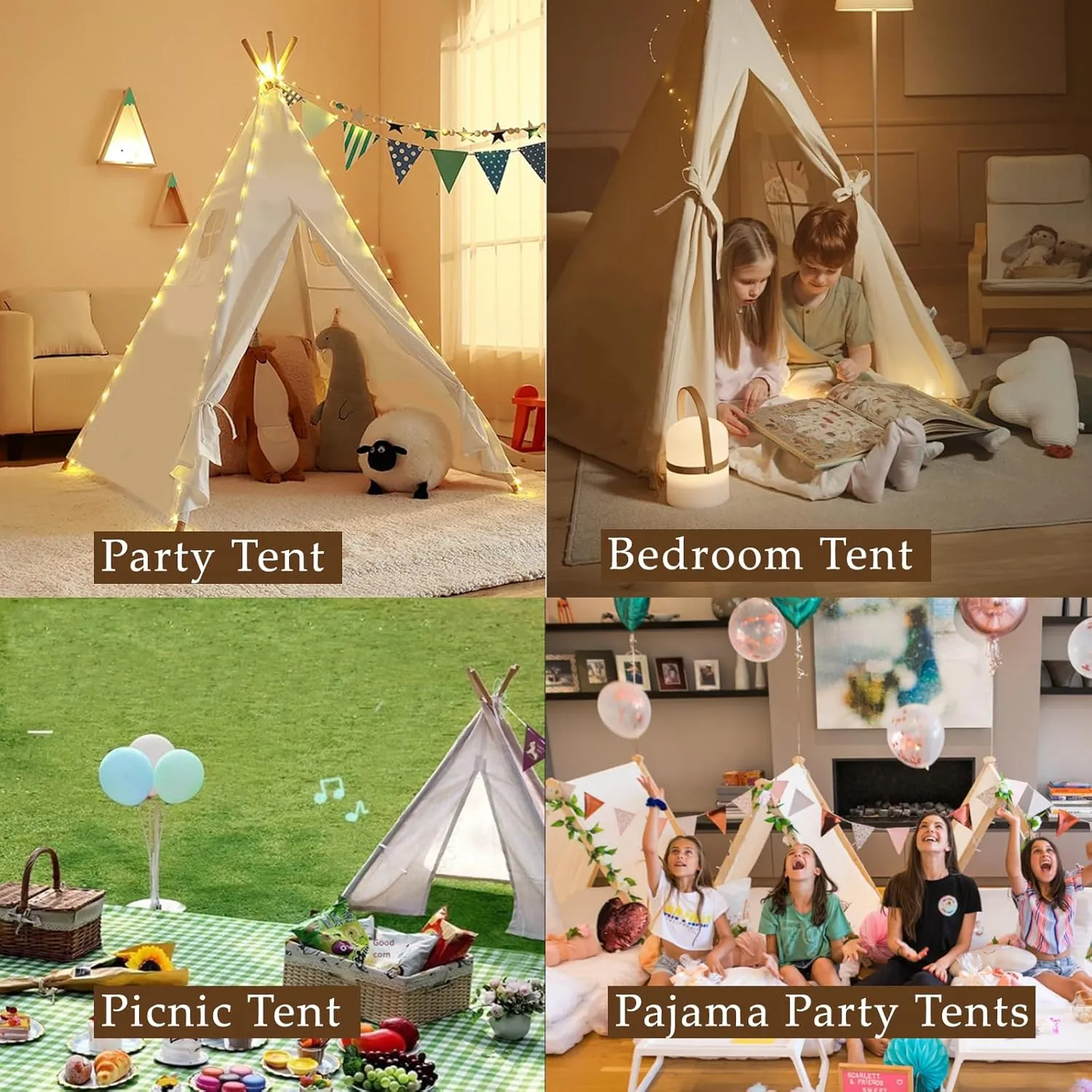 6 Packs Teepee Tent for Kids with 10ft String Lights, Indoor Play Teepee Tent for Girls & Boys, Foldable Tents for Birthday Party Boho Sleepovers Party Pajama Party (White)