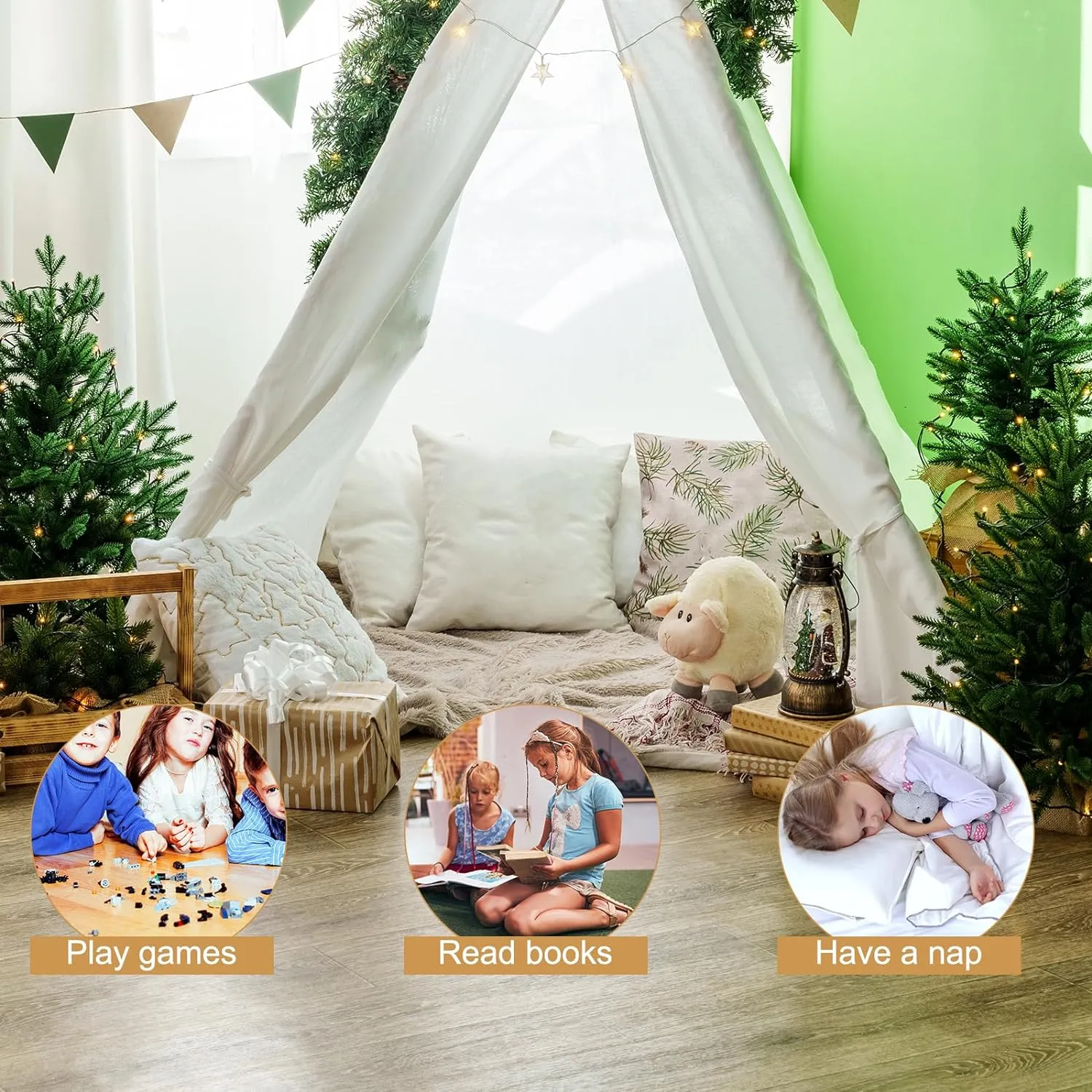 6 Packs Teepee Tent for Kids with 10ft String Lights, Indoor Play Teepee Tent for Girls & Boys, Foldable Tents for Birthday Party Boho Sleepovers Party Pajama Party (White)