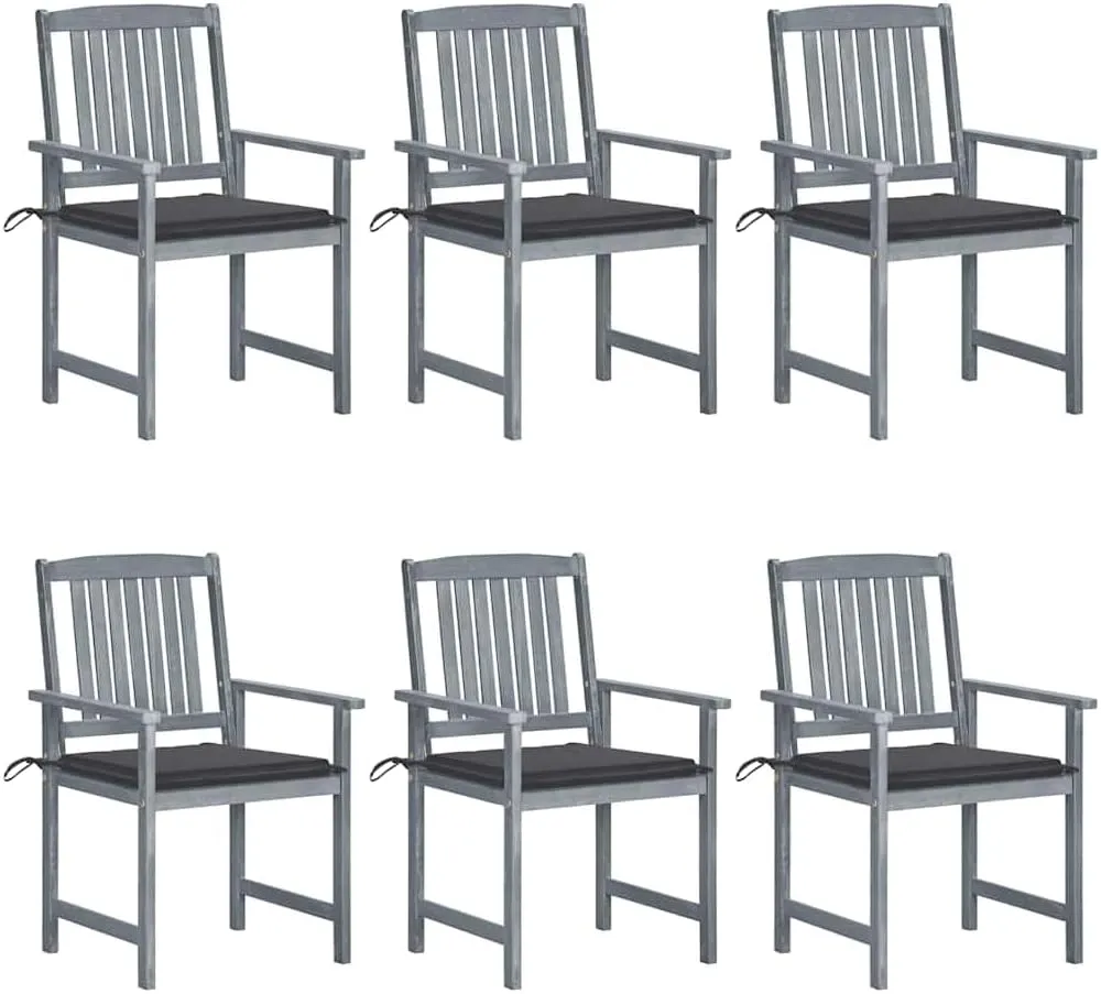 6-Piece Solid Acacia Wood Patio Chairs Set with Gray Cushions, Outdoor Furniture for Poolside Backyard Lawn Tanning Lounge (Gray Wash Finish, Weather-Resistant)