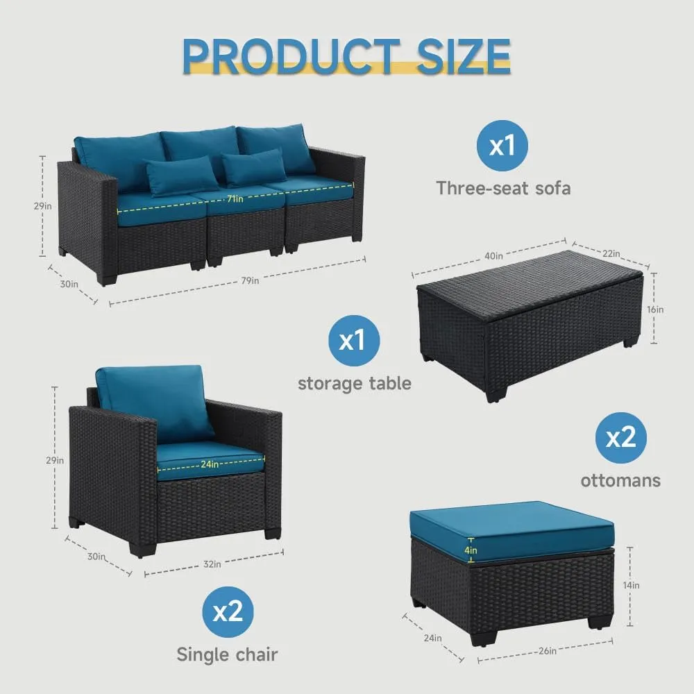 6 Pieces Outdoor Patio Furniture Sets with Furniture Cover, PE Rattan Wicker Patio Conversation Set with Tea Table (Peacock Blue, Rattan Storage Table)