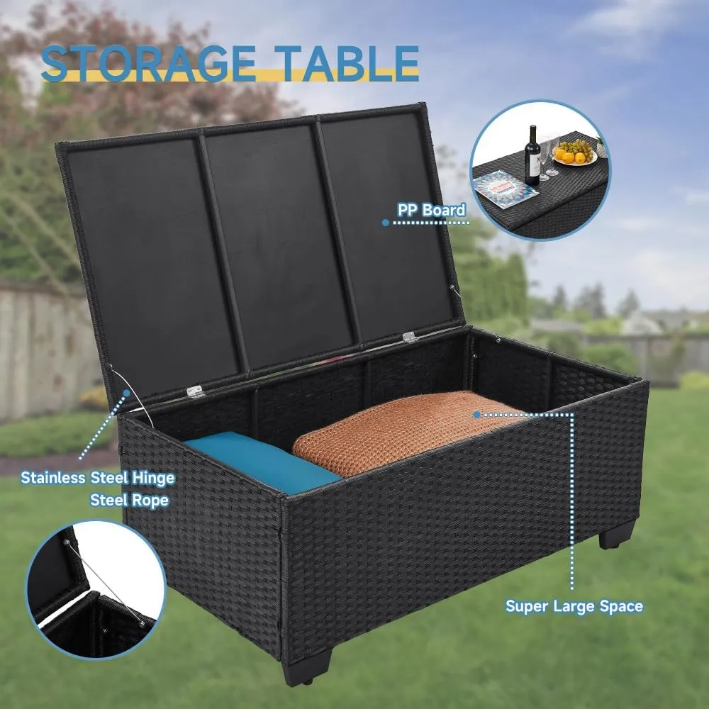 6 Pieces Outdoor Patio Furniture Sets with Furniture Cover, PE Rattan Wicker Patio Conversation Set with Tea Table (Peacock Blue, Rattan Storage Table)
