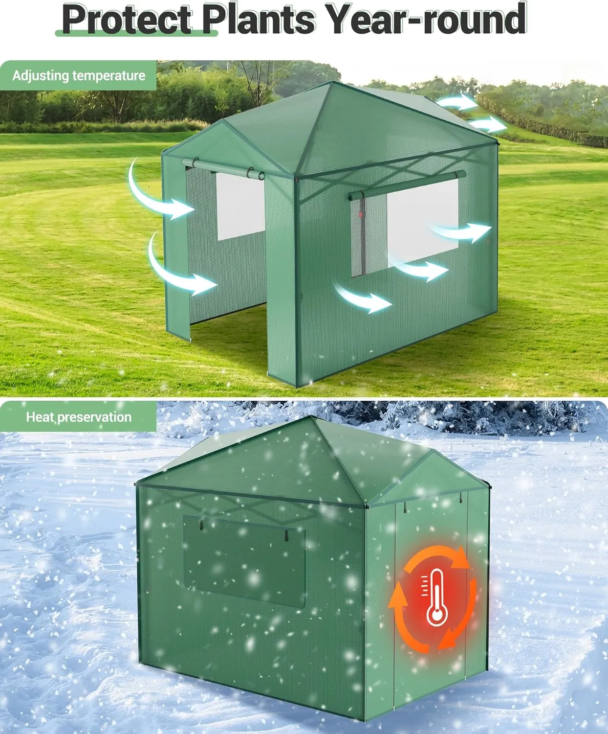 6x8 FT Portable Green House for Outdoor, Pop Up Grow Tent for All Seasons, Heavy-Duty PE Cover Greenhouses Kit for Indoor, Zippered Doors & Mesh Windows,