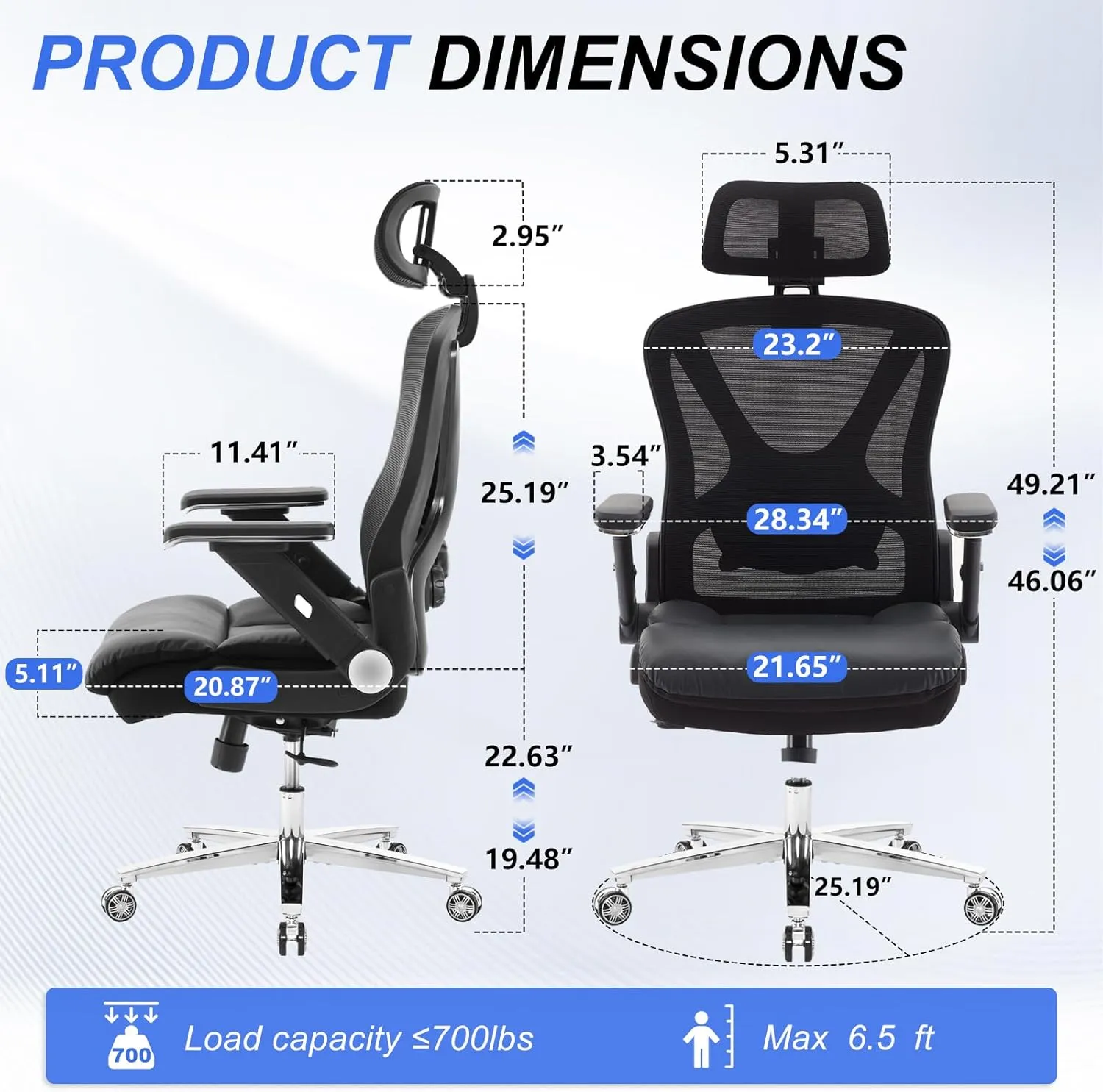 700lbs Ergonomic Office Chair,Upgrade Big and Tall Office Chairs for Heavy People,Mesh High Back Desk Chair with 5D Flip Arms Large Wheels,Adjustable Headrest & Lumbar Support,Wide Executive Chairs