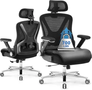 700lbs Ergonomic Office Chair,Upgrade Big and Tall Office Chairs for Heavy People,Mesh High Back Desk Chair with 5D Flip Arms Large Wheels,Adjustable Headrest & Lumbar Support,Wide Executive Chairs