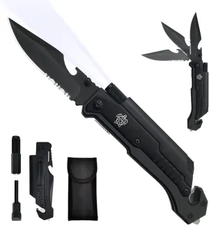 8.5" Military Outdoor Hunting Camping Pocket Knife, 7 in 1 Multi-Function Folding Knives with Fire Starter LED Light Seatbelt Cutter Glass Breaker Bottle Opener Tactical Blade (Black)