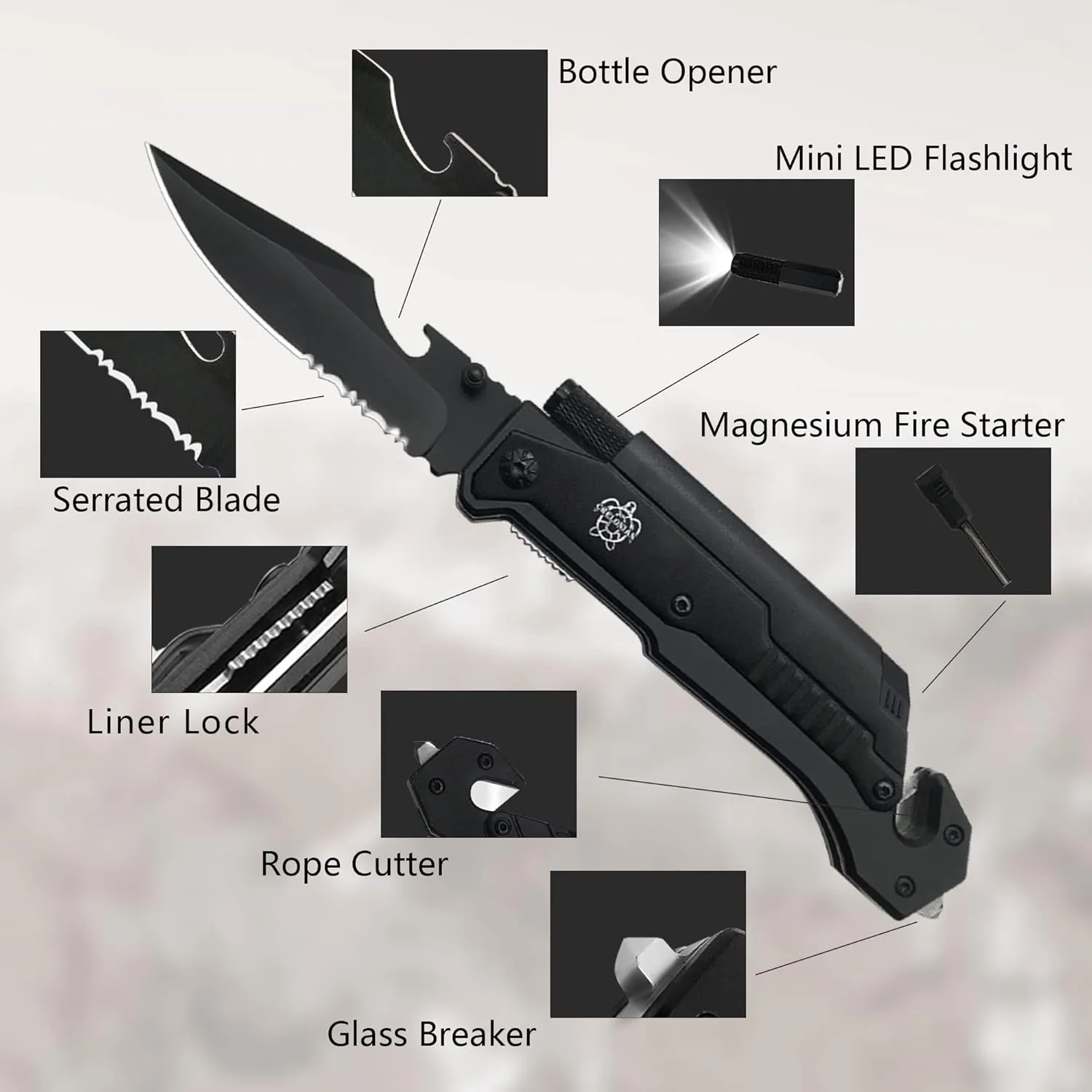8.5" Military Outdoor Hunting Camping Pocket Knife, 7 in 1 Multi-Function Folding Knives with Fire Starter LED Light Seatbelt Cutter Glass Breaker Bottle Opener Tactical Blade (Black)