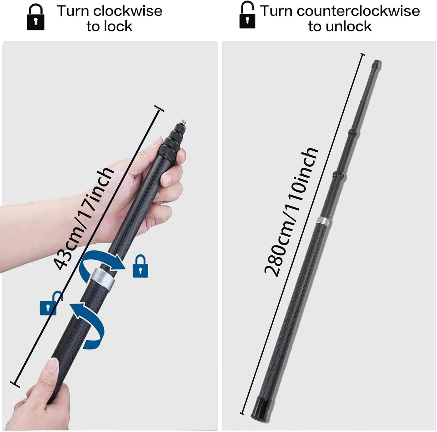 9.8ft Long Invisible Selfie Stick - Carbon Fiber Monopod (110in/280cm) for X4, X3, ONE X2, ONE R, ONE X, GO 3S, 3, 2 - Lightweight & Portable Extension Pole for 360 Cameras