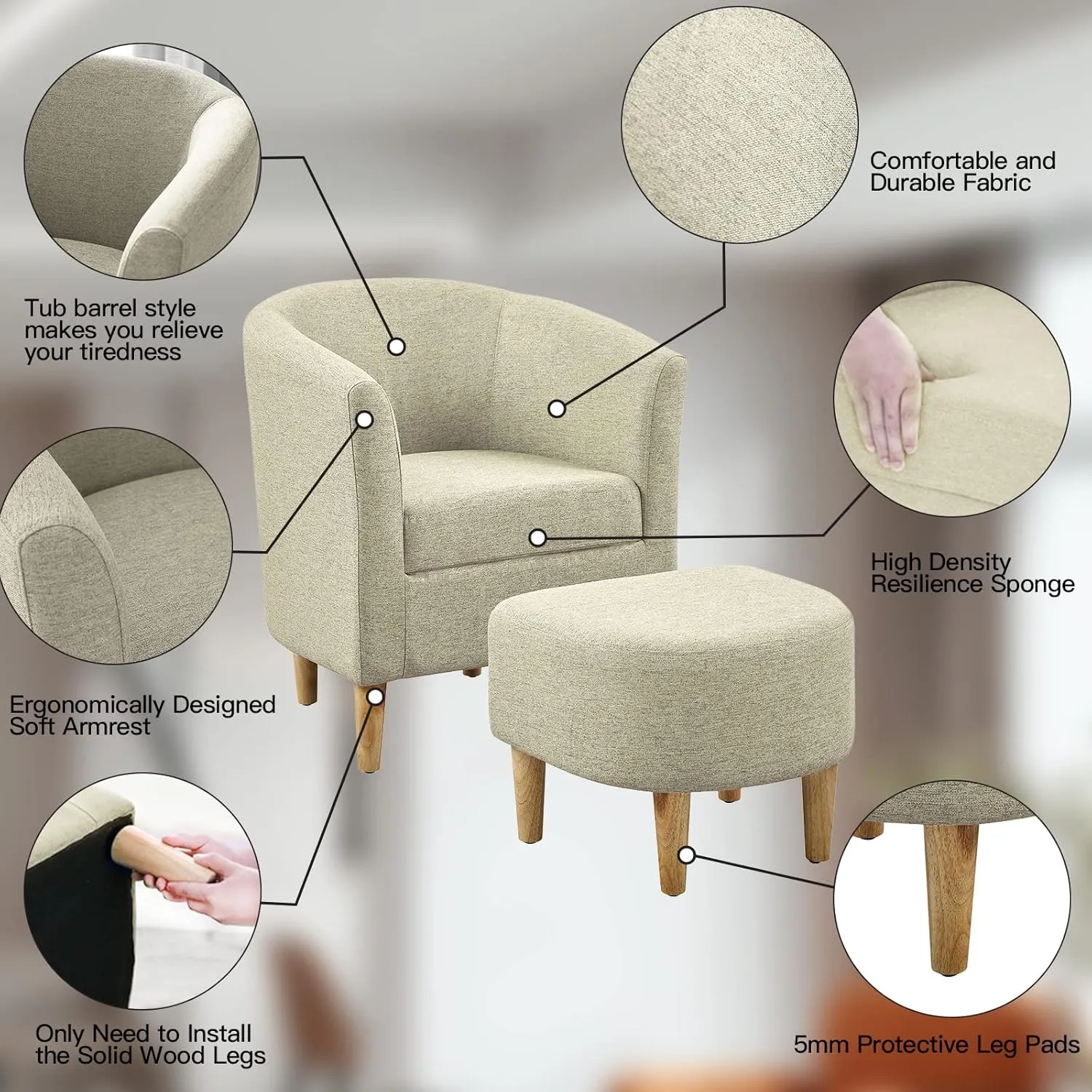 Accent Chair, Barrel Chair with Ottoman Comfy Arm Mid Century Modern Footrest Set Comfortable Living Room Chairs Upholstered Club Tub Sofa for Bedroom Reading Beige Set of 1