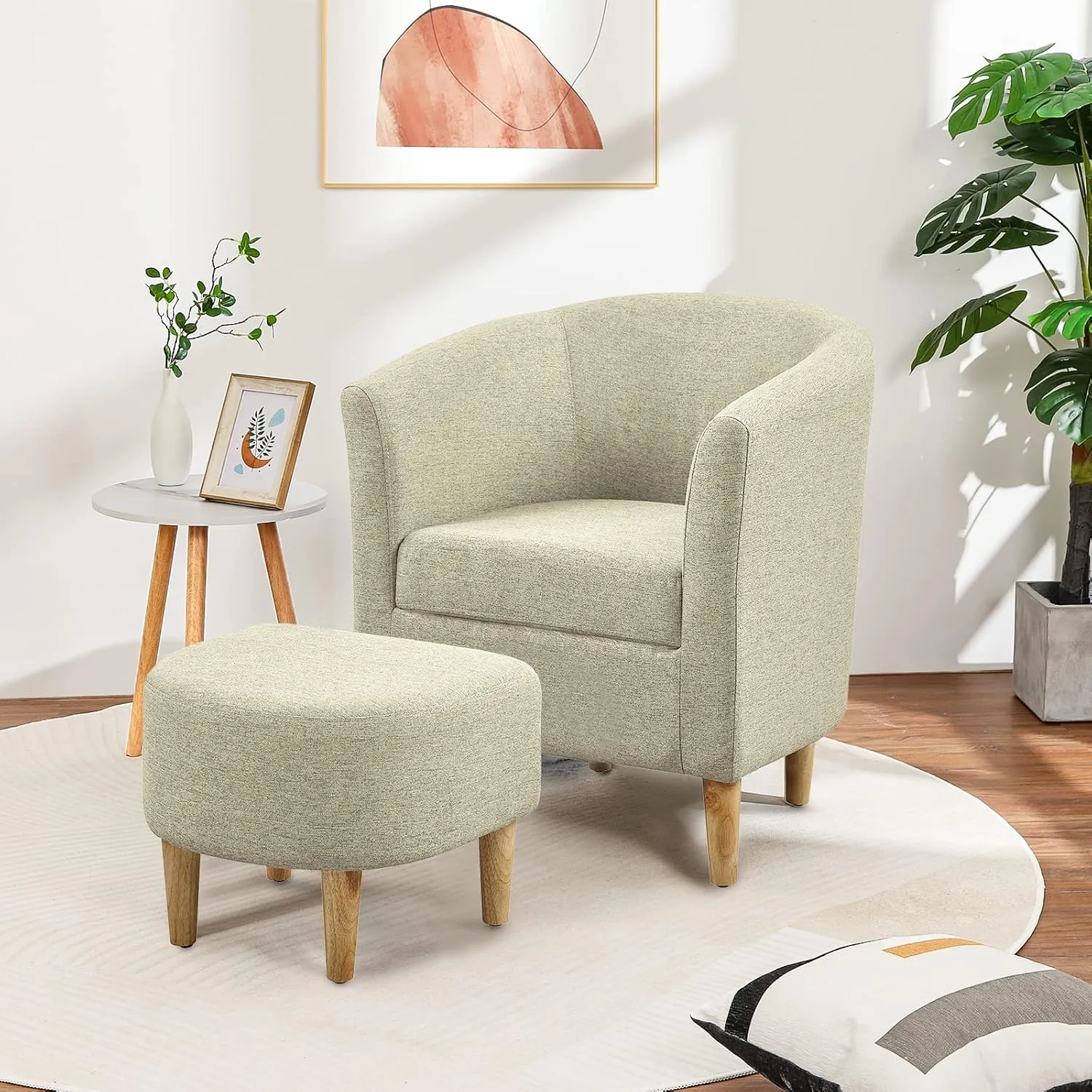 Accent Chair, Barrel Chair with Ottoman Comfy Arm Mid Century Modern Footrest Set Comfortable Living Room Chairs Upholstered Club Tub Sofa for Bedroom Reading Beige Set of 1