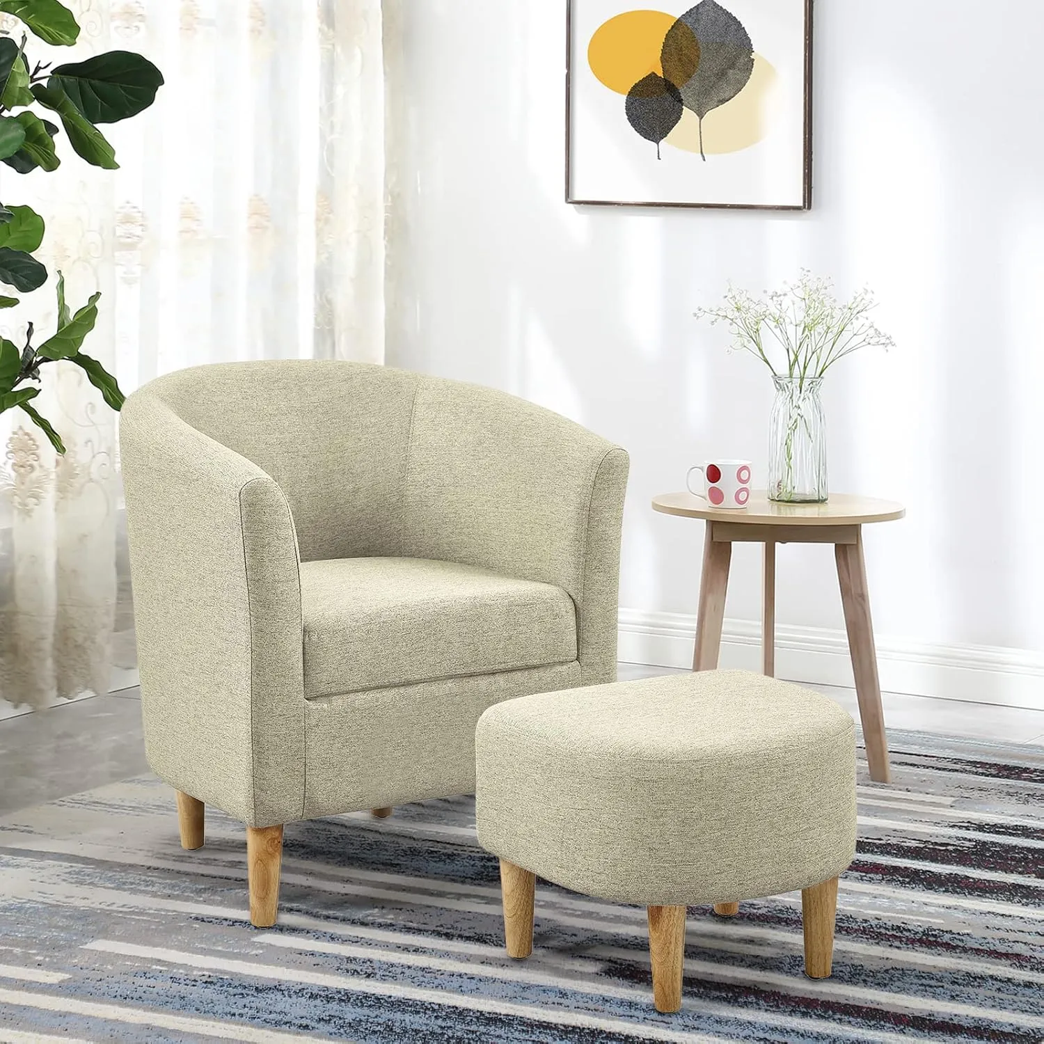 Accent Chair, Barrel Chair with Ottoman Comfy Arm Mid Century Modern Footrest Set Comfortable Living Room Chairs Upholstered Club Tub Sofa for Bedroom Reading Beige Set of 1