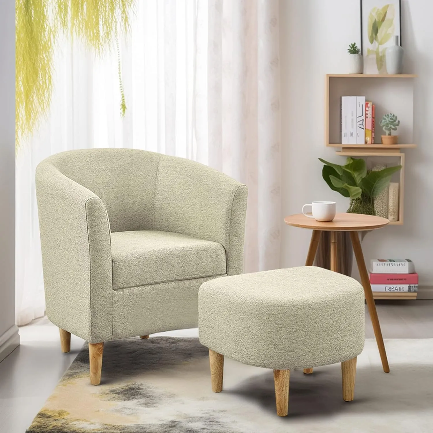Accent Chair, Barrel Chair with Ottoman Comfy Arm Mid Century Modern Footrest Set Comfortable Living Room Chairs Upholstered Club Tub Sofa for Bedroom Reading Beige Set of 1