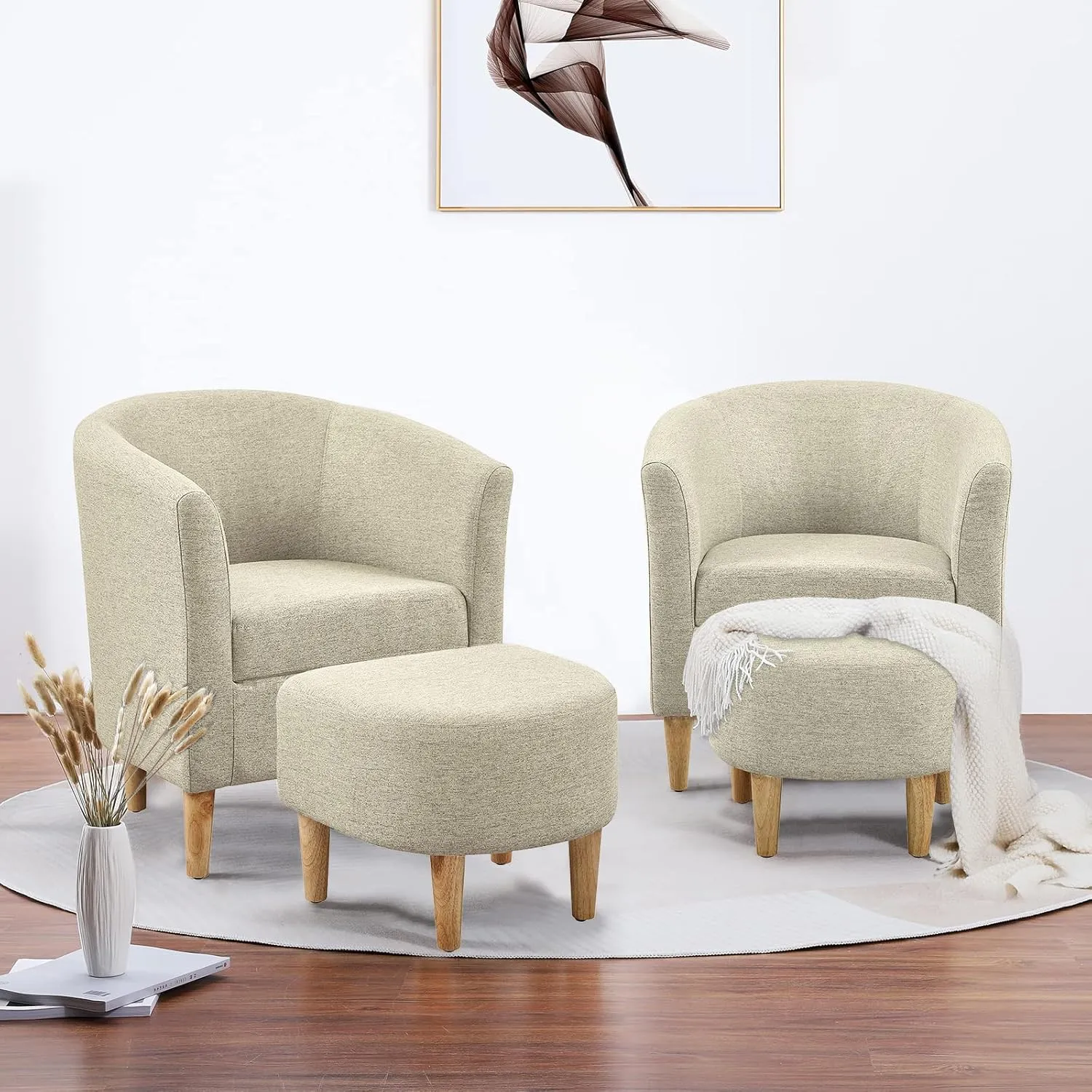 Accent Chair, Barrel Chair with Ottoman Comfy Arm Mid Century Modern Footrest Set Comfortable Living Room Chairs Upholstered Club Tub Sofa for Bedroom Reading Beige Set of 1