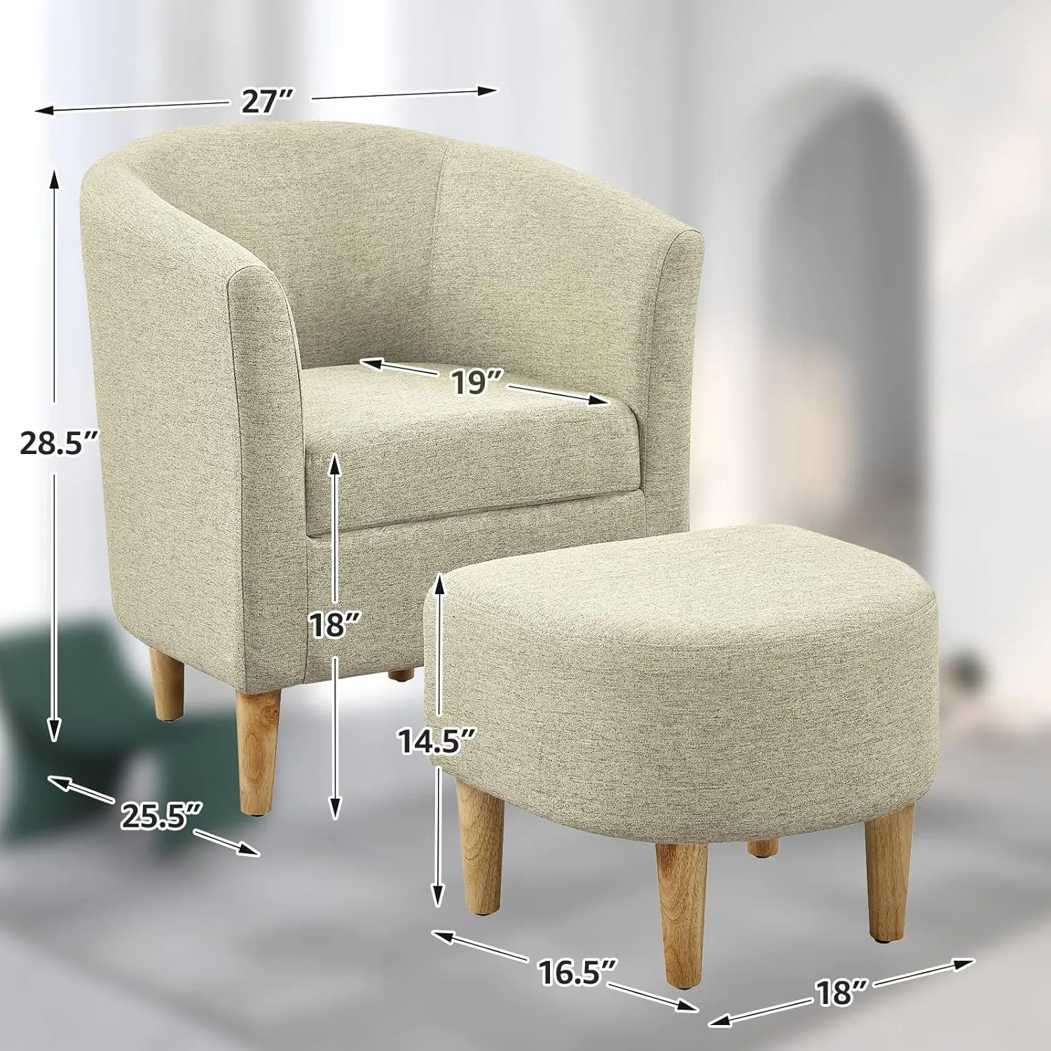 Accent Chair, Barrel Chair with Ottoman Comfy Arm Mid Century Modern Footrest Set Comfortable Living Room Chairs Upholstered Club Tub Sofa for Bedroom Reading Beige Set of 1